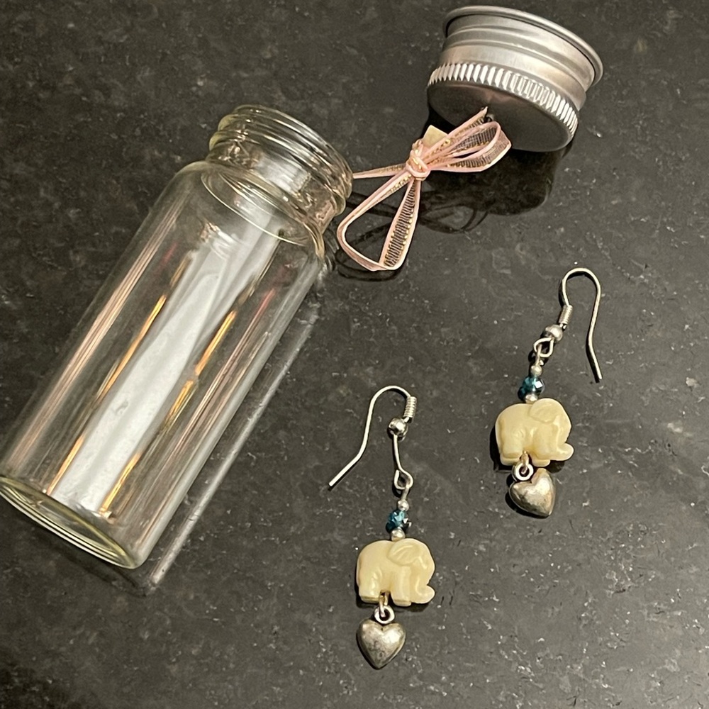 Elephant Charm Dangle Earrings with Heart Drop - Cream and Silver
